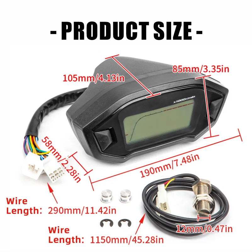 Motorcycle LCD Digital Dashboard 7 Color Backlight Speedometer Tachometer Odometer 10000RPM 6Gear Display Fits 2–4 Cylinder