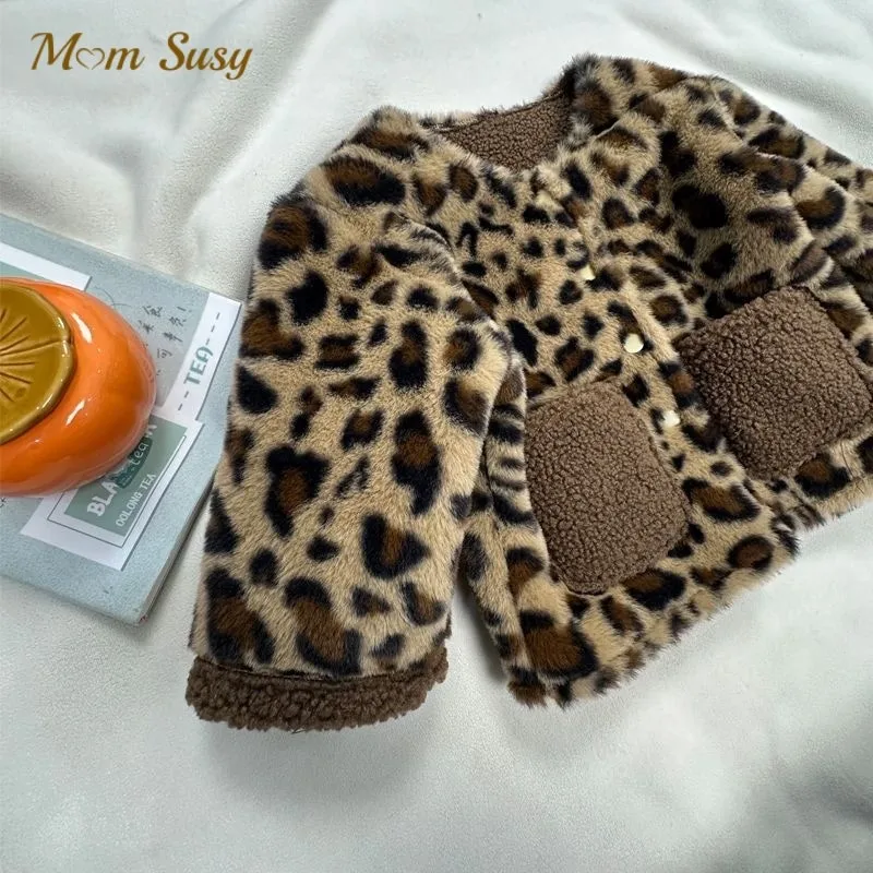 Baby Girl Boy Leopard Jacket Faux Fur Infant Toddler Child Warm Fleece Inside Coat Spring Autumn Winter Baby Clothes 1-8Y