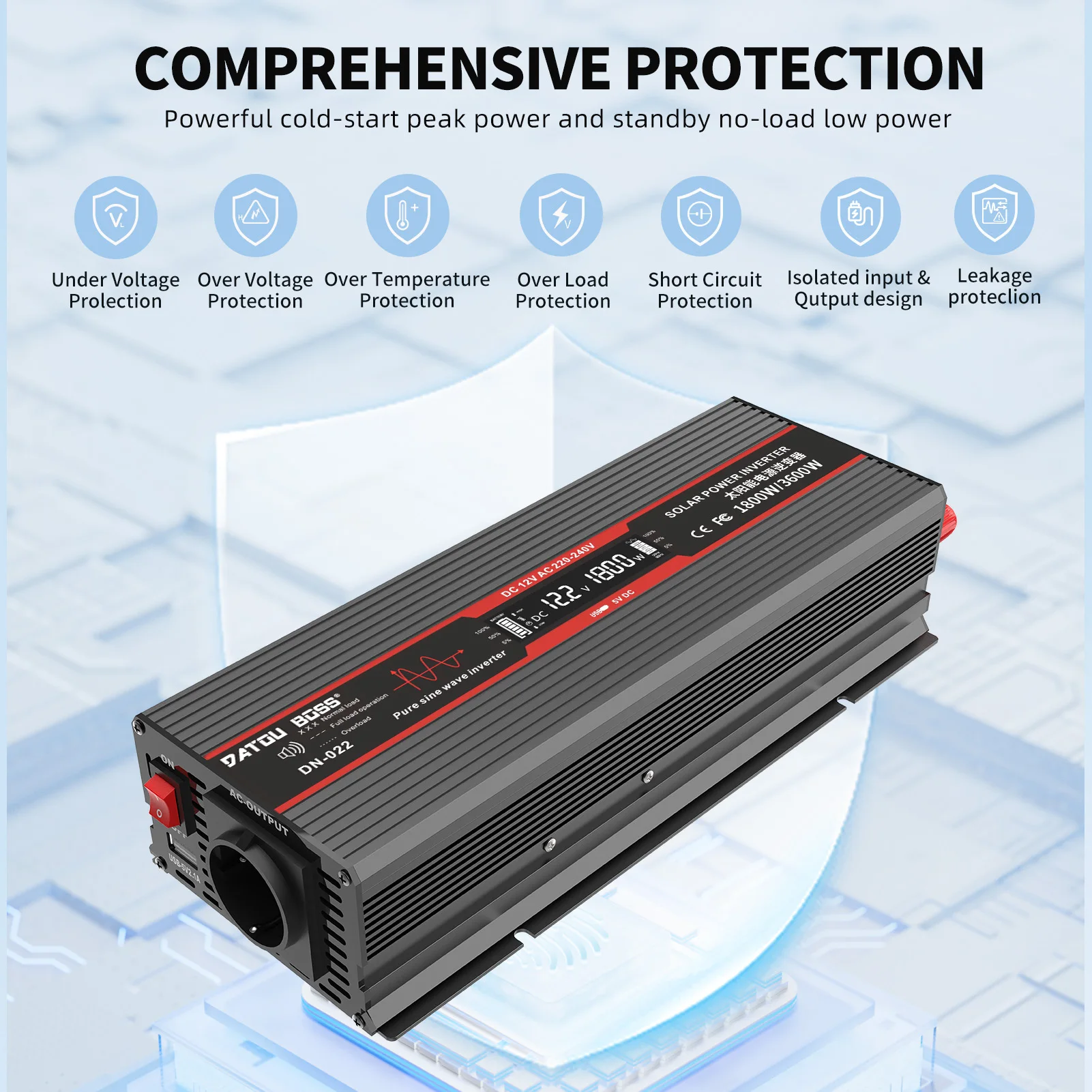 Convertitore a onda sinusoidale pura da 1800 W da 12 V a 220 V con porta USB integrata, terminale a filo rigido, display LCD, convertitore CA da 12 V CC a 230 V