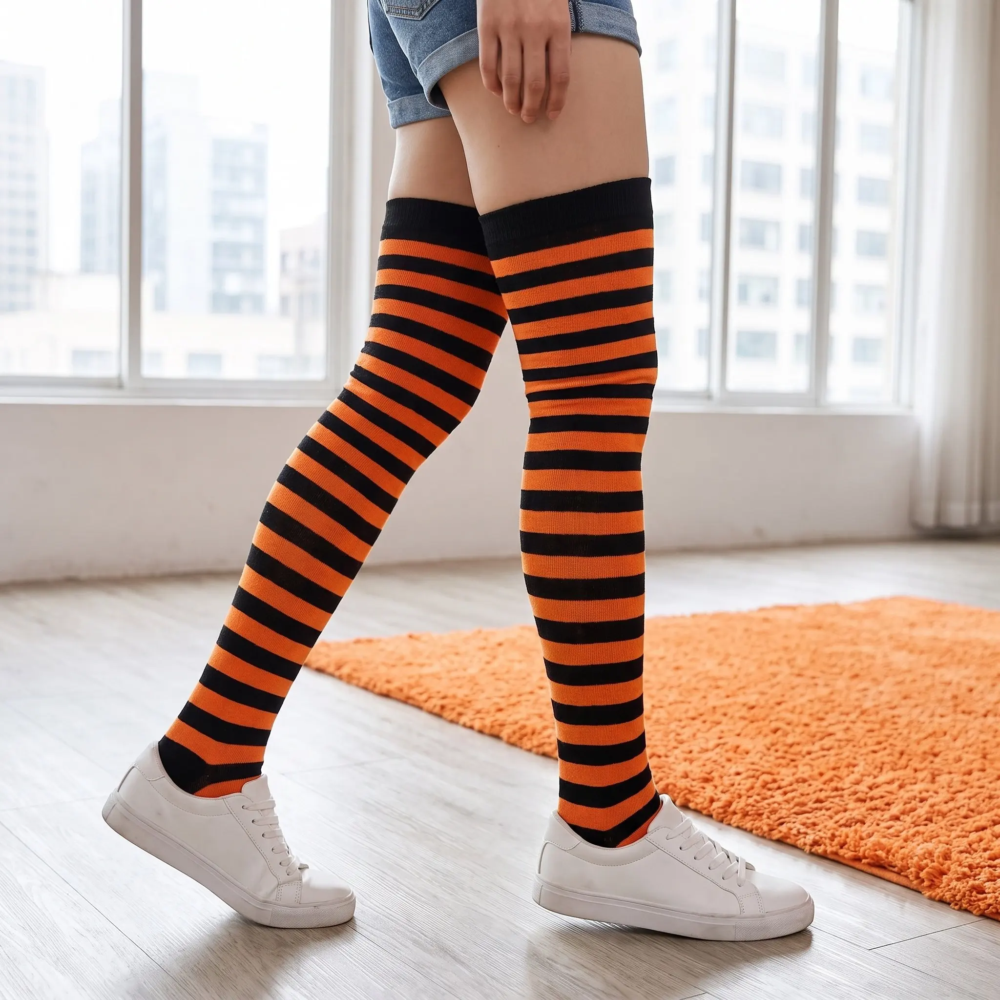 Halloween Long Striped Knee High Socks And Fingerless Gloves Arm Warmers Set High Elastic Knit Polyester Orange Black Stockings