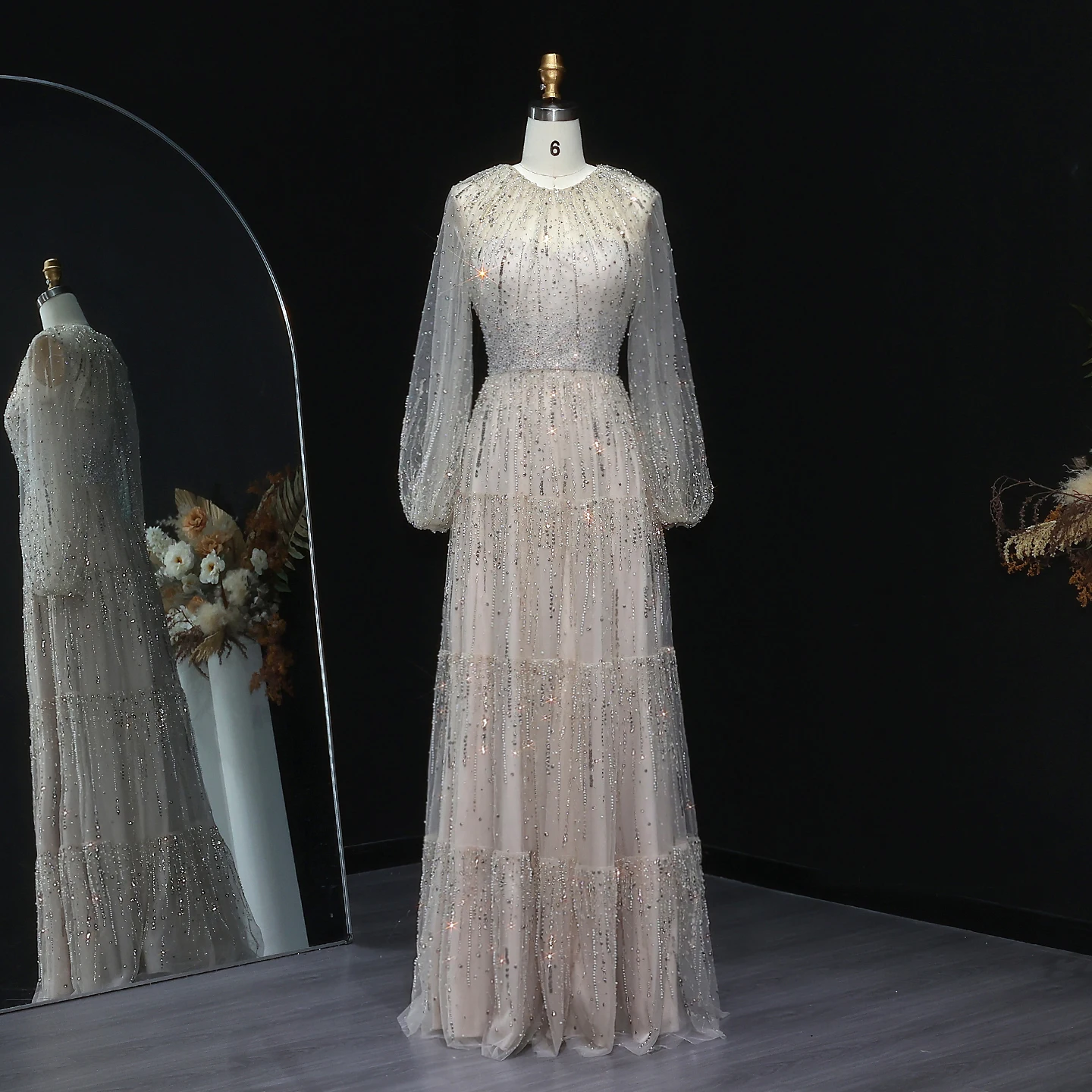 Sharon Said-vestidos de noche de manga larga, color Beige, de lujo, con volantes, vestidos formales con cuentas negras para mujer, boda SS514 personalizado