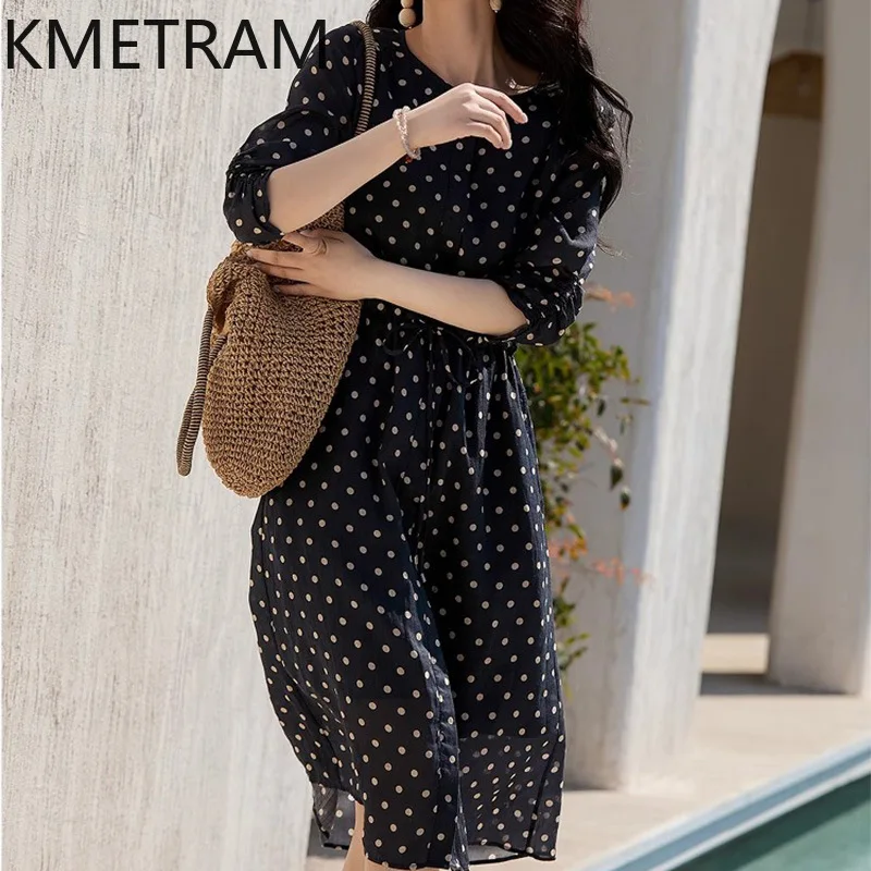 

KMETRAM 100% Ramie Dress Woman Mid Length Elegant Dresses for Woman Clothes High Qualiy Summer New in Dresses 2025 Robe Femme