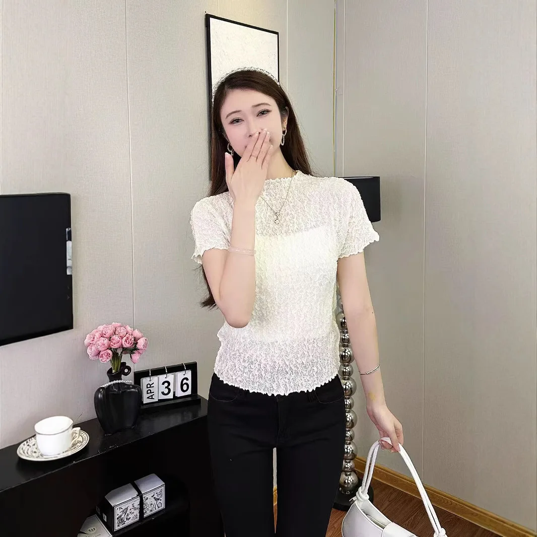

Miyake Pleated Heavy Industry Clothes for Women Pleated Tops for Short Sleeves Half High Neck Large Size T-shirt Base Shirt