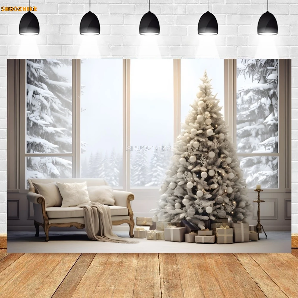Christmas Backdrop Photography Indoor Christmas Tree Window Candle Decor Photography Background New Year Christmas Party Banner