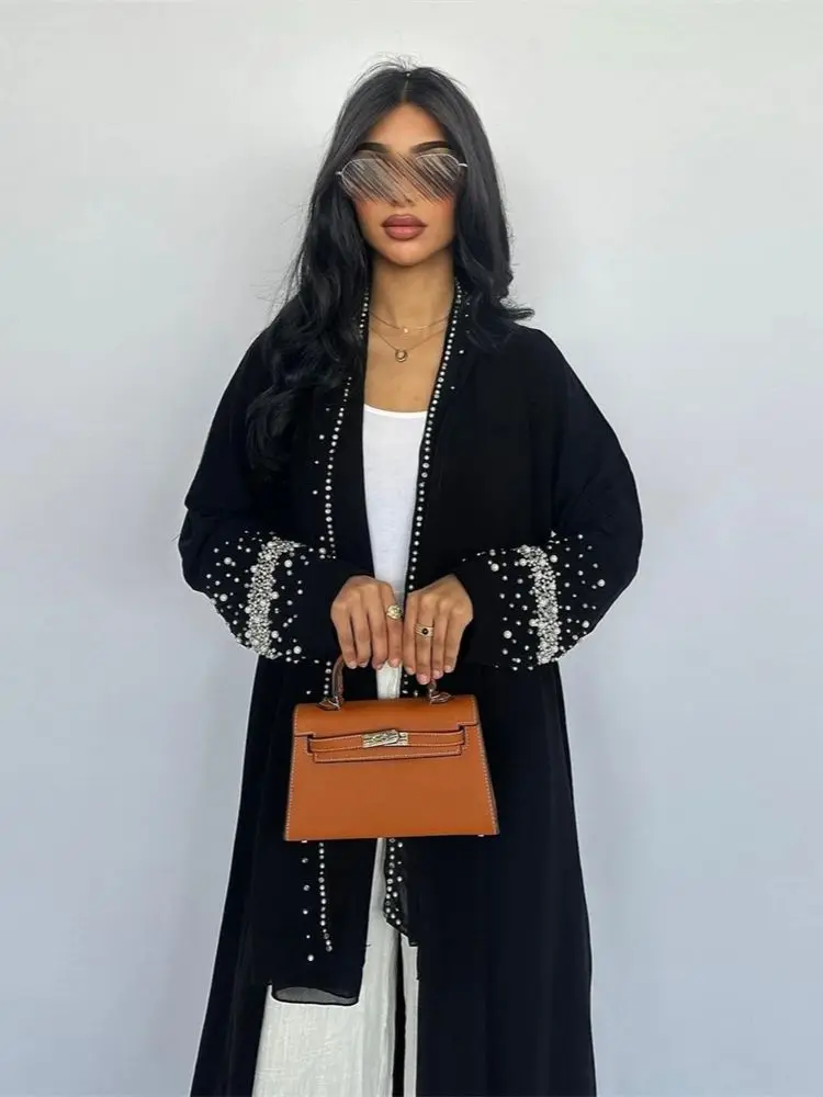 Black Open Kimono Abaya Dubai Luxury 2024 Muslim For Women Kaftan Dress With Hijab Islam Caftan Marocain Robe Femme Musulmane