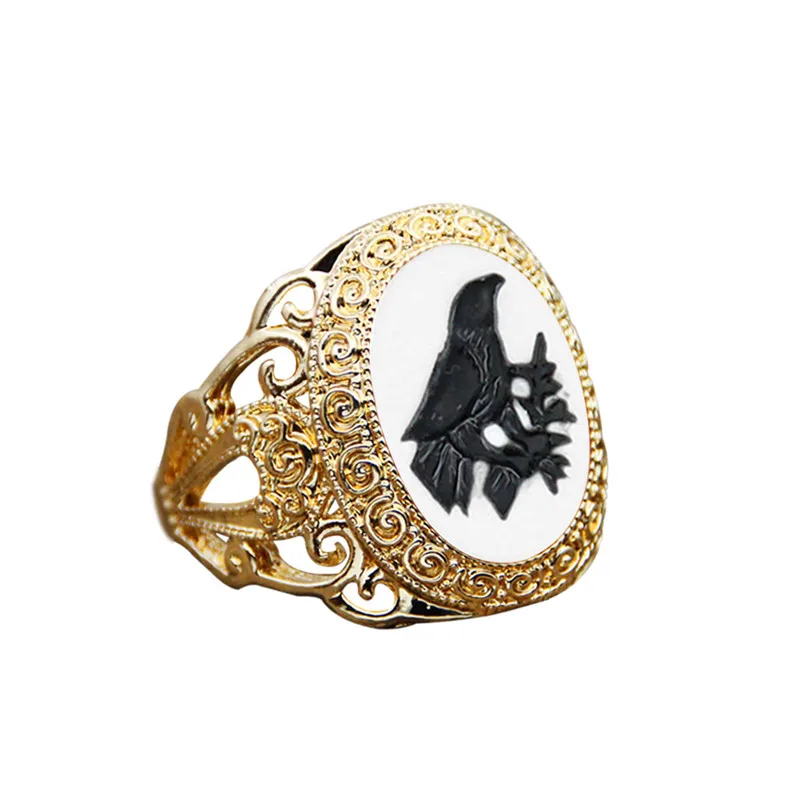 Fashion Corvid Cameo Rings For Women Gold Color Crow Bird Bead Victoria Jewelry