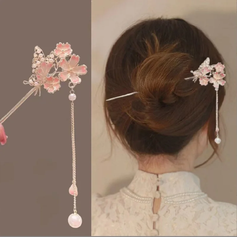 vintage Chignon hair stick Tassel sakura Flower Hairpin For WOmen Metal Chinese Hair Accessories Classic Girls Hair Bun Jewelry