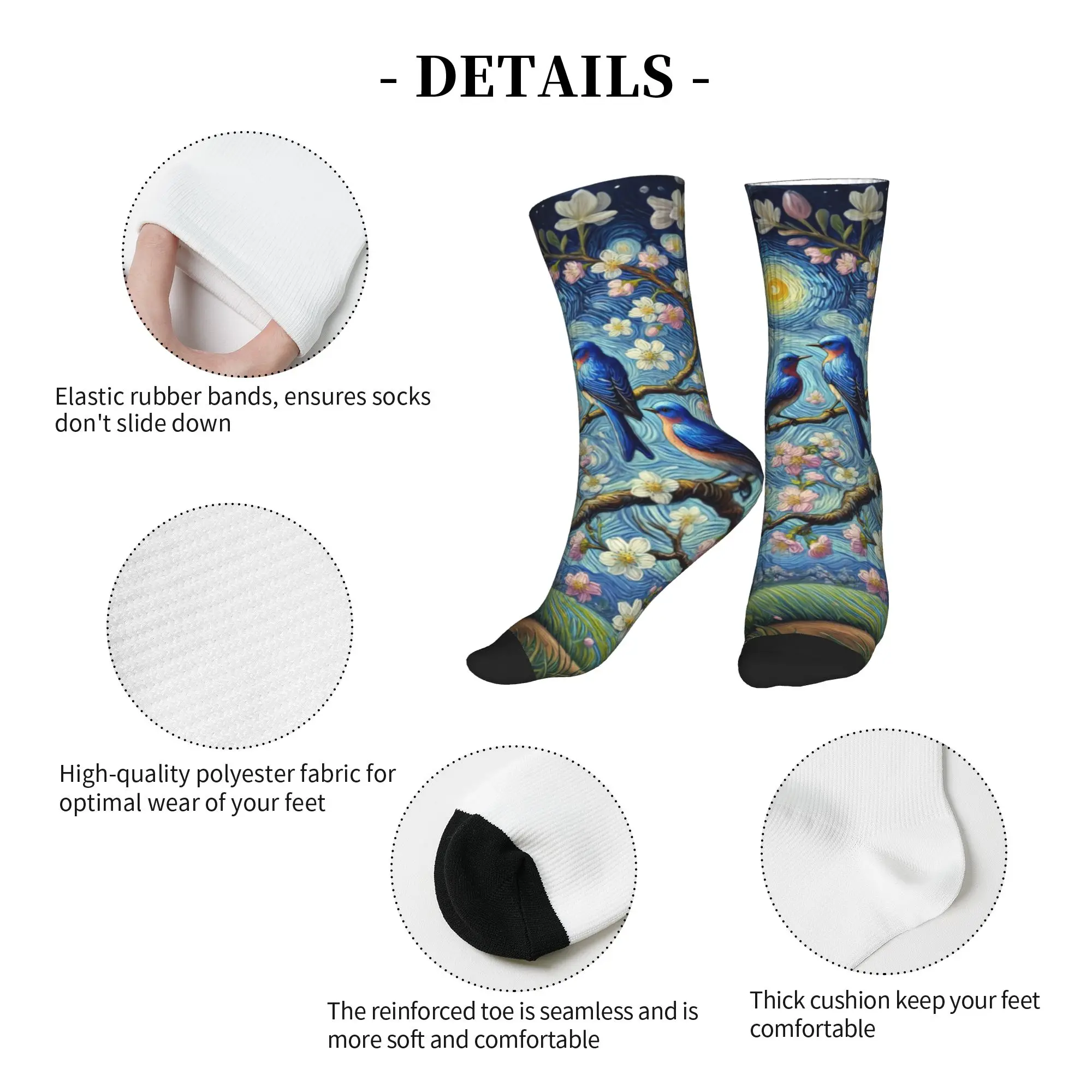 Funny Printing Starry Night Blue Songbirds Magnolia Floral  Socks for Women Men Stretch Summer Autumn Winter  Crew Socks - view 5