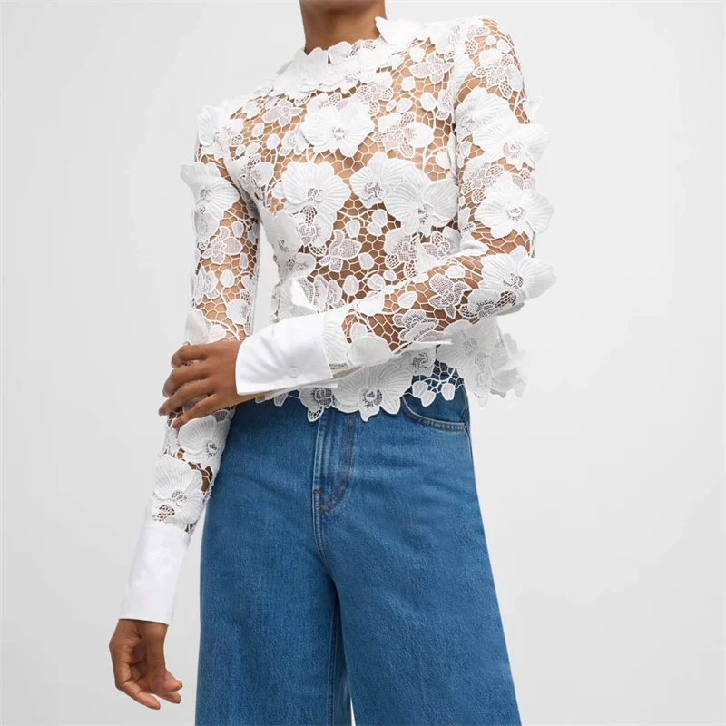 

Women's t-shirt New Water soluble Flower Embroidered Long sleeved Top for Summer 2025 Sexy hollowed out round neck pullover y2k