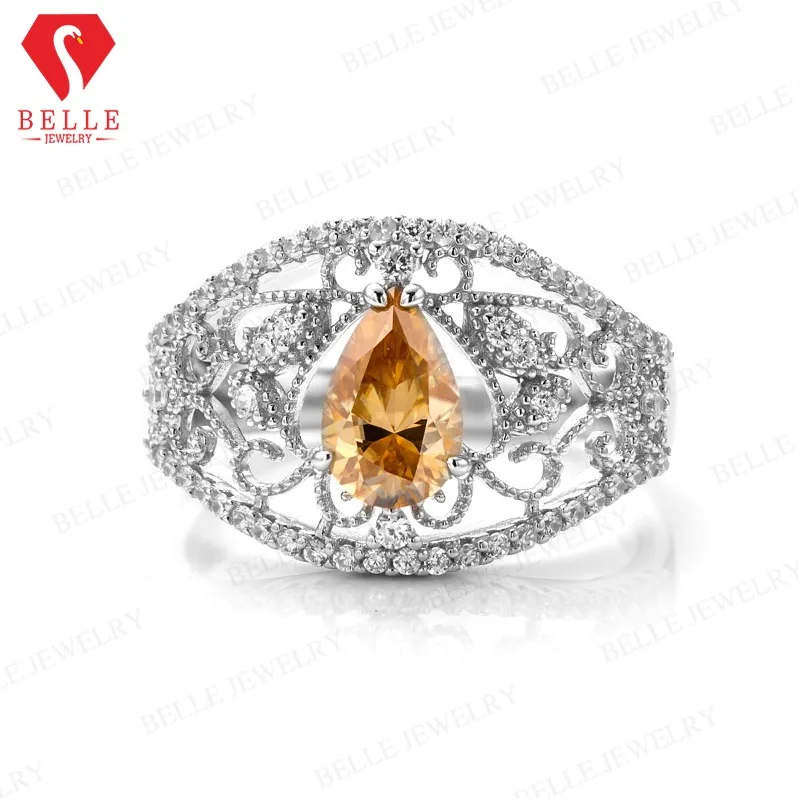 Moissanite Ring 1CT Pear Champagne VVS1 GRA Certified 925 Silver Hypoallergenic Factory Direct Fade Resistant Great Gift Choice