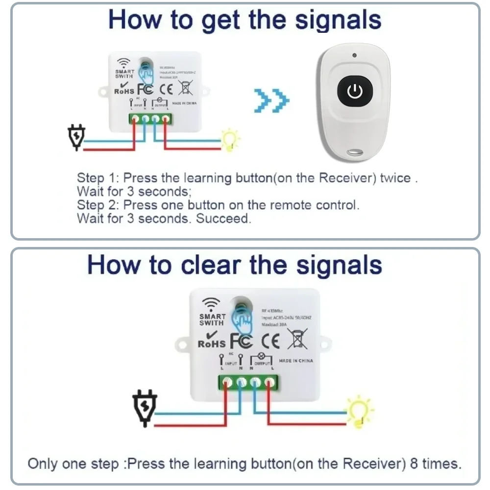 RF433 wireless remote control wall switch module 110V 220V 10A miniature magnetic control relay household lamp fan LED TV