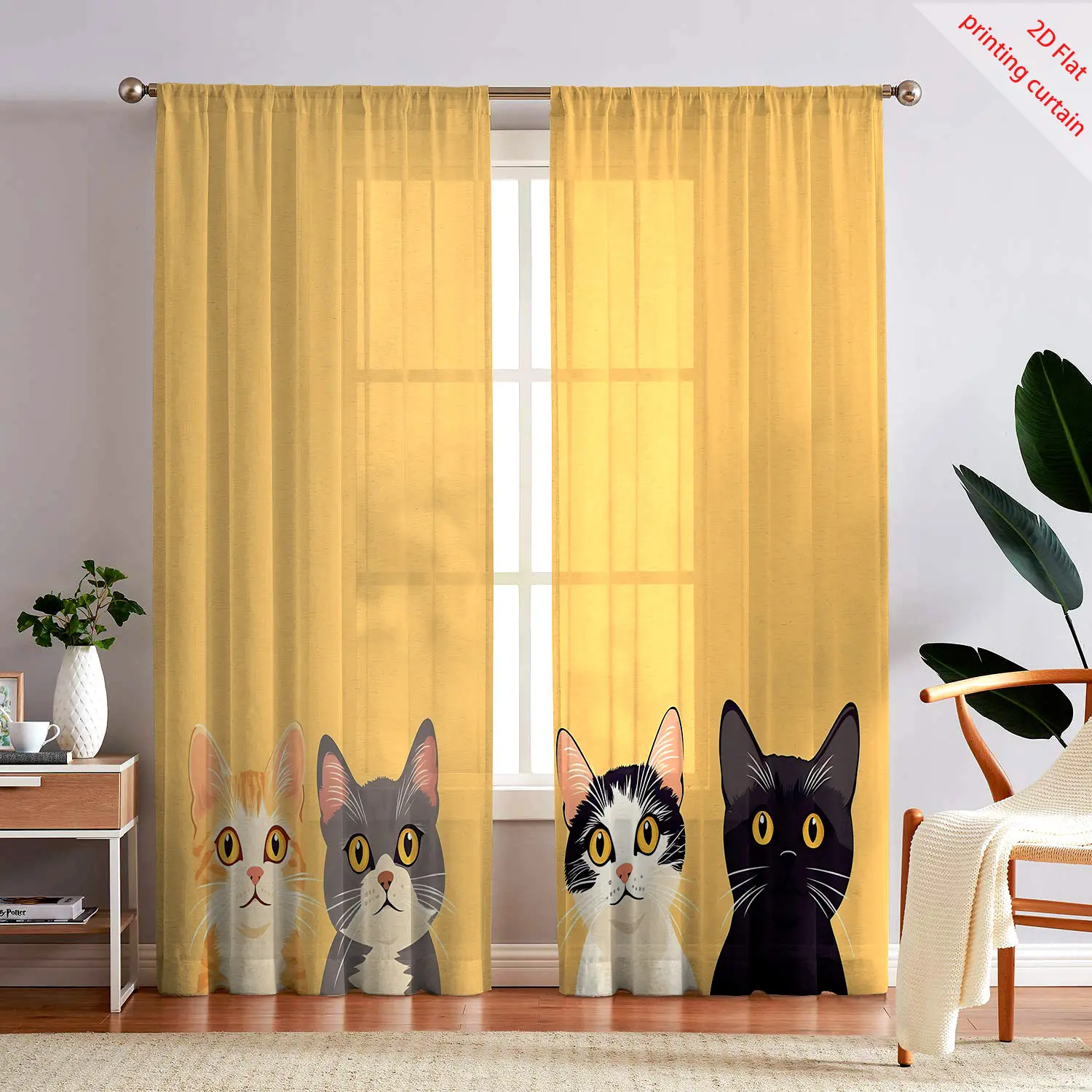 Cat Illustration Printed Gauze Curtains Transparent Home Office Dormitory Living Room Balcony Window Decorations