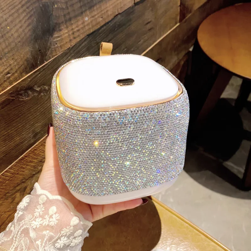 High appearance level plastic desktop trash can artificial diamond-encrusted press small household living room clutter bin desk