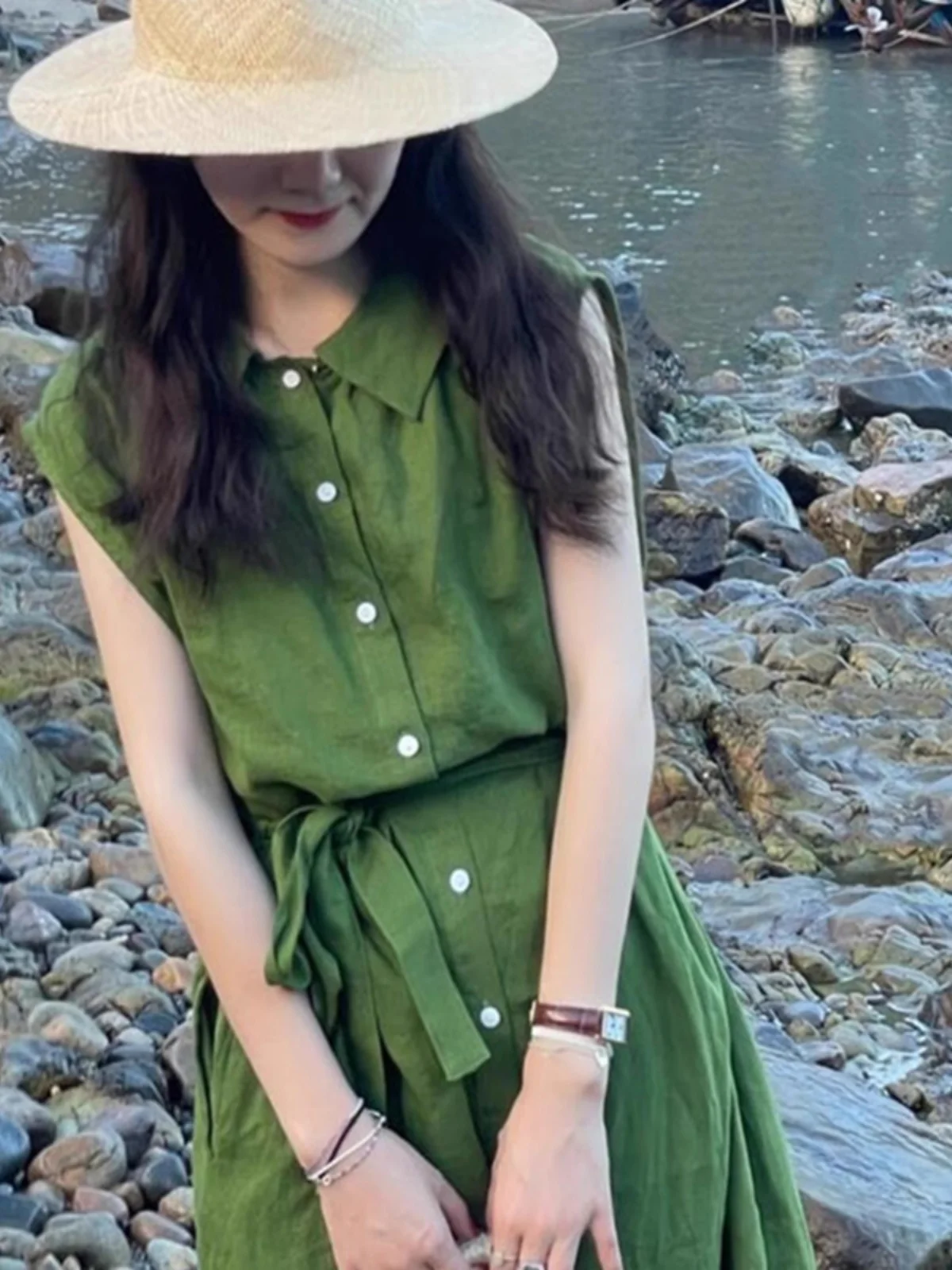 Sommer ein Loose Svel irt Dr Damen Urlaub Taille-Cinching Langer A-Linie Rock Vintage Sle Pendeln Dr