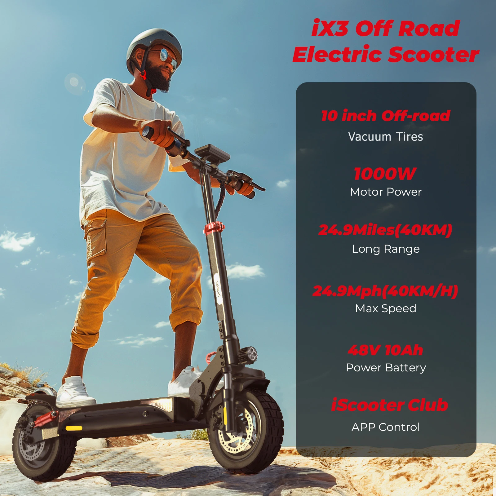 Trottinette électrique iX3 1000W 40km/h pour adultes, pneus tout-terrain de 10 pouces, 48V10Ah, autonomie 30-40km, pliable, avec application