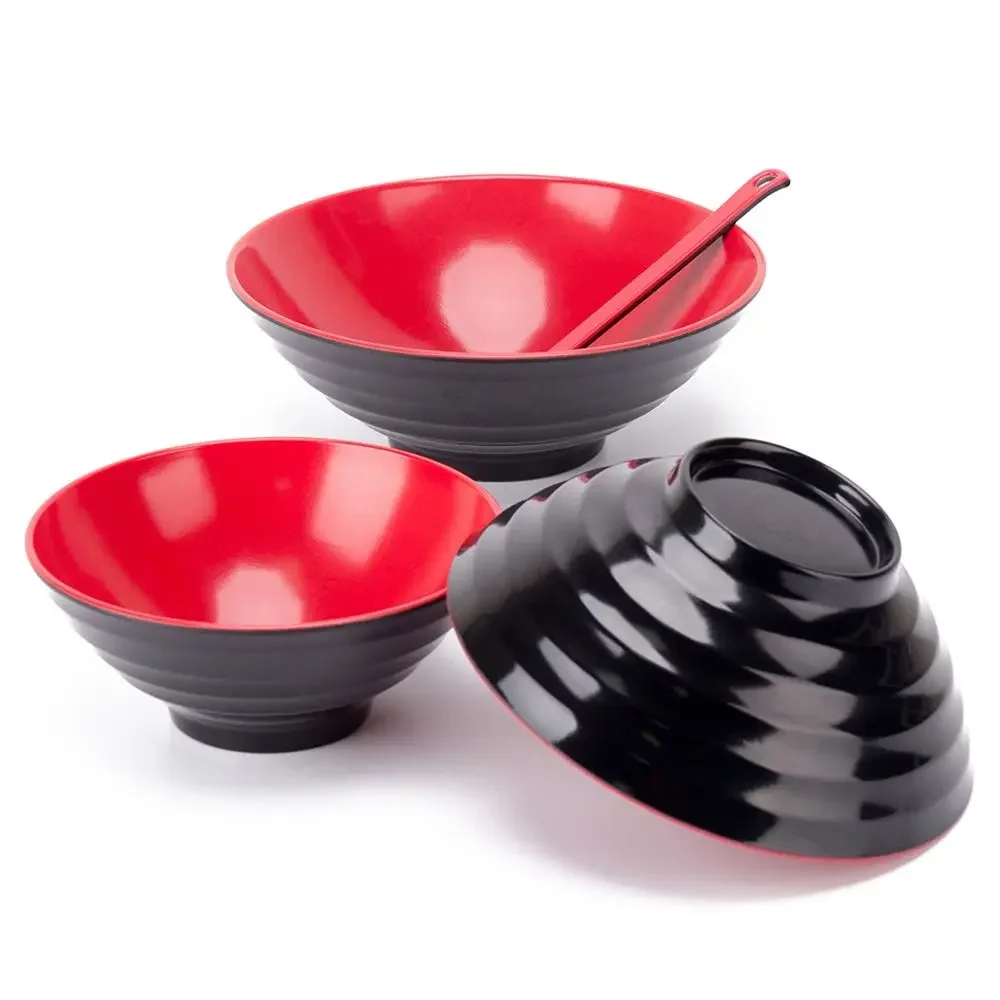 Household Melamine Ramen Bowl Red and Black Ring Striped Pattern Fruit Salad Bowl Heat Safe Japanese Style Soup Bowl Commercial