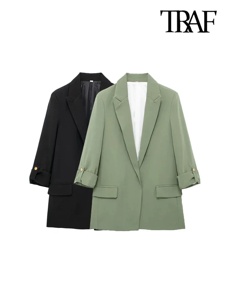 TRAF-Women's Open Blazer Coat with Turn-up Sleeves, Front Flap Pockets, Female Outerwear, Chic Tops, Chic Fashion