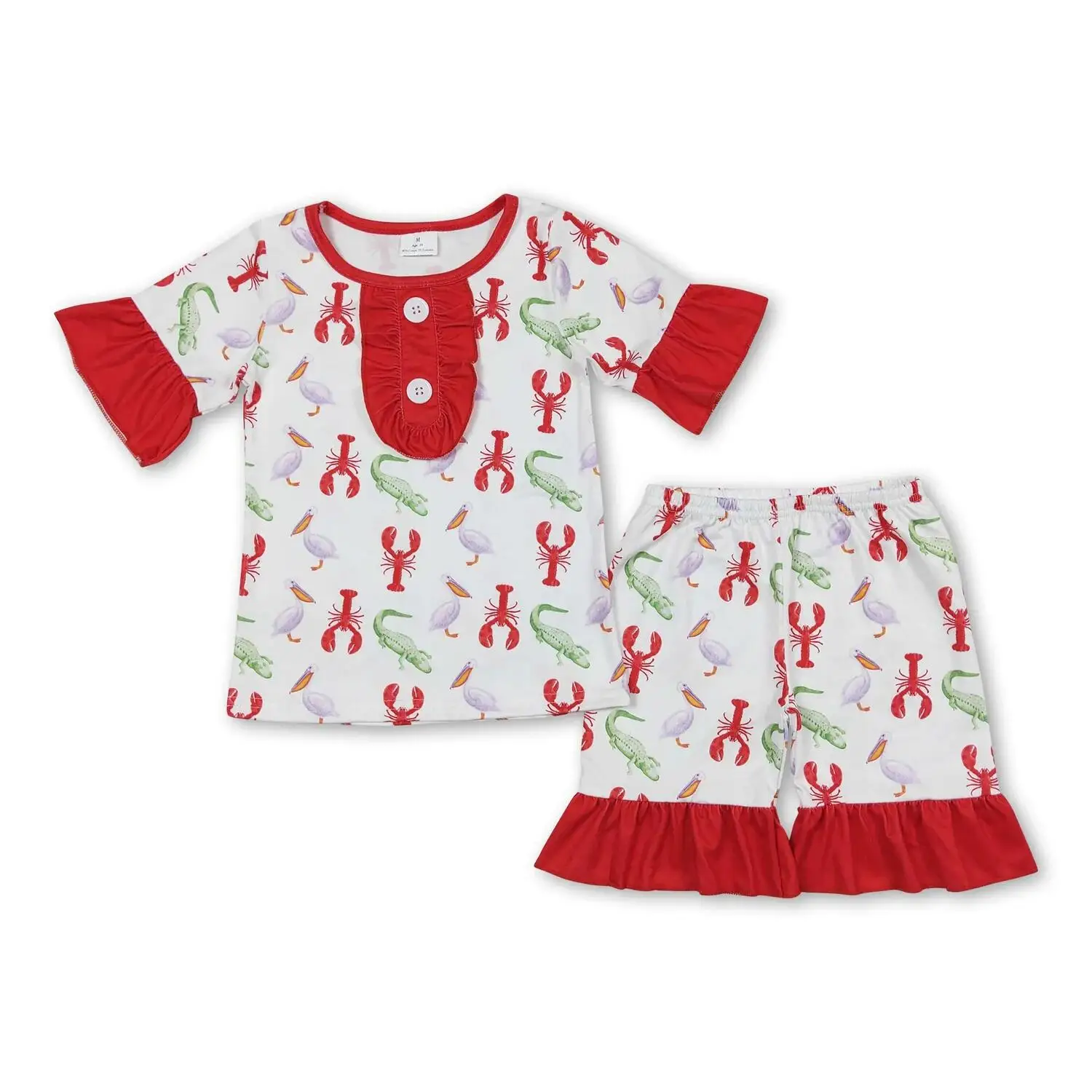 

Baby Girls Red Ruffle Crawfish Short Sleeve Shirt And Shorts Pajamas Set Crocodile Summer Sleepwear Clothes Set for Infants