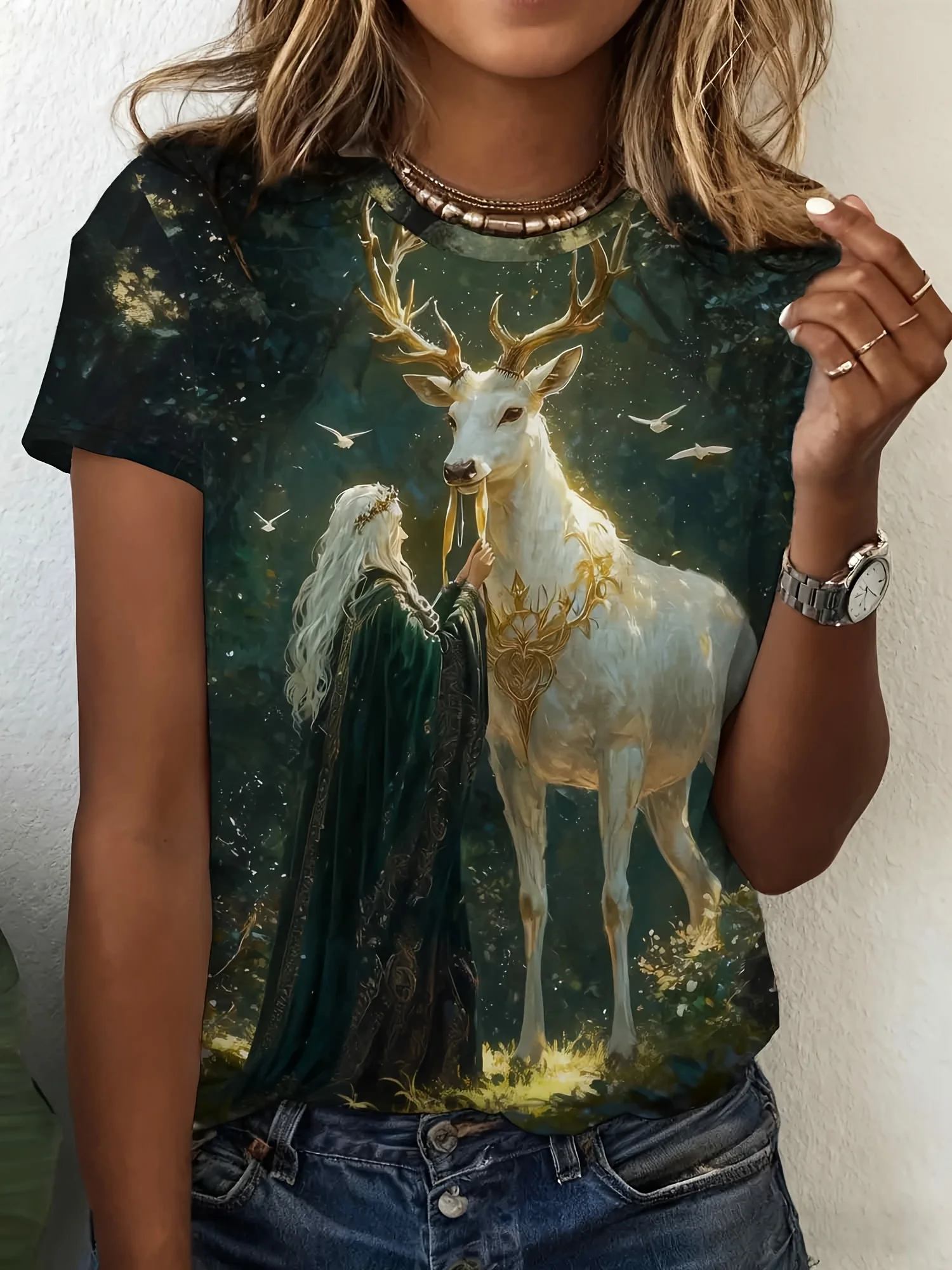 Women Crew Neck Short Sleeve T‑Shirt, Fantasy Elf With Golden Antler White Deer Magical Forest Art Graphic Tee