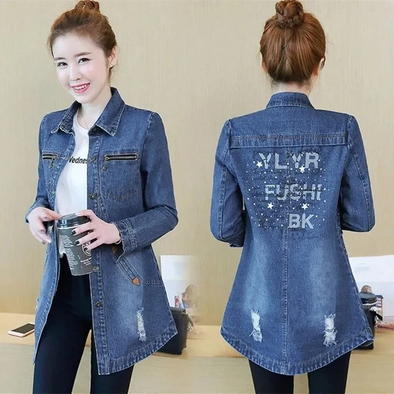 

Korean Women Large Size 4XL Cowboy Coat 2024 Ladies Medium Long Styles Denim Top Autumn Female Diamond Studded Hole Jeans Jacket