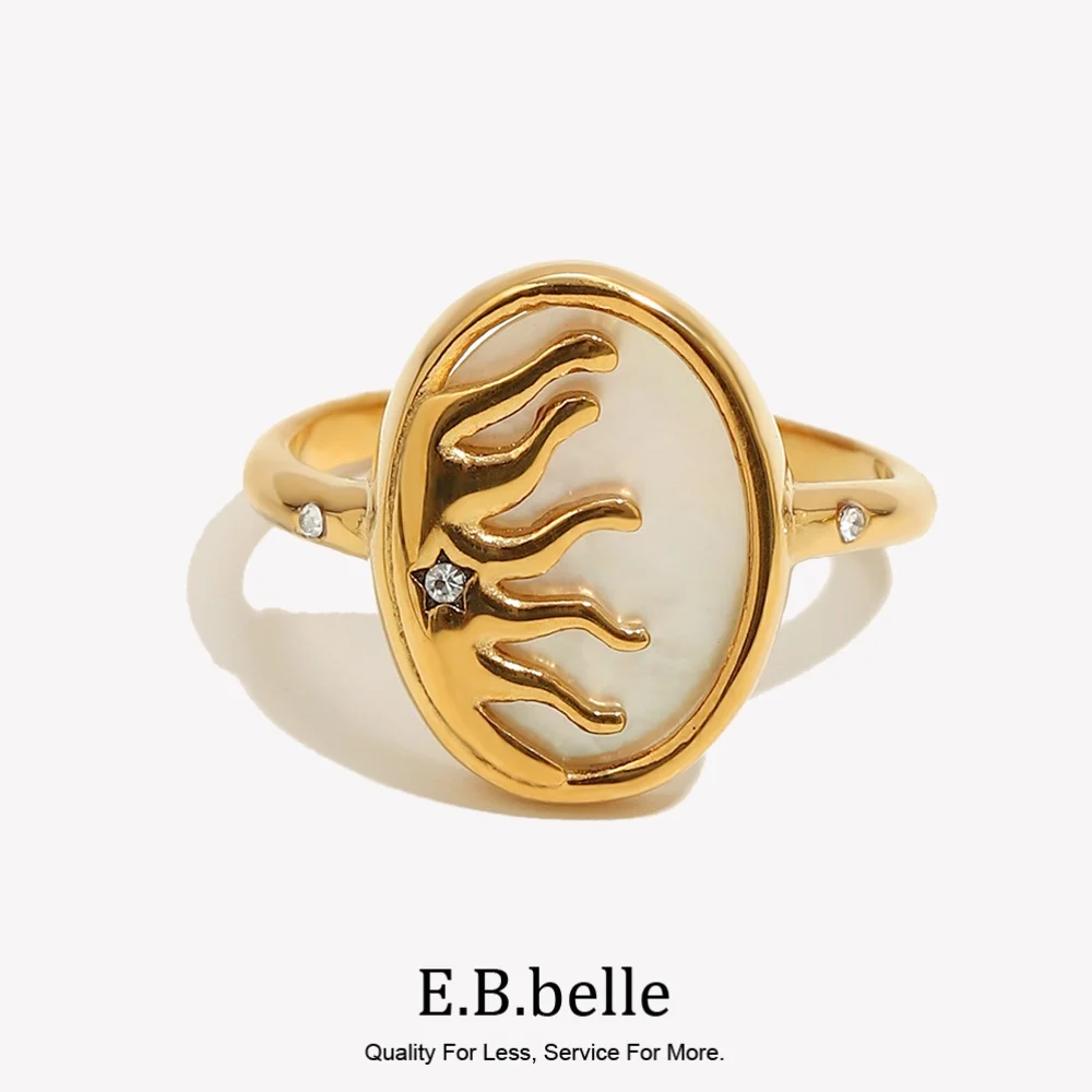E.B.belle-Anillo bohemio de circonia cúbica, concha Natural, nácar, fundición ovalada, molde solar, chapado en oro de 18 quilates, sin deslustre
