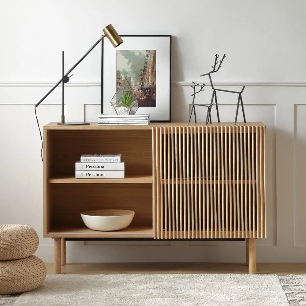 48.4" Mid-Century Wood Cabinet Sideboard with 1 Sliding Barn Door, Side Cabinet for Living Room, Bedroom, Hallway, Kitchen