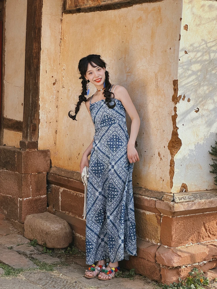 

Длинная юбка-платье Vaion Sle Blue Bal для женщин, с принтом, из шифона, для путешествий в Юньнань, Дали, для пляжного отдыха, с новым дизайном