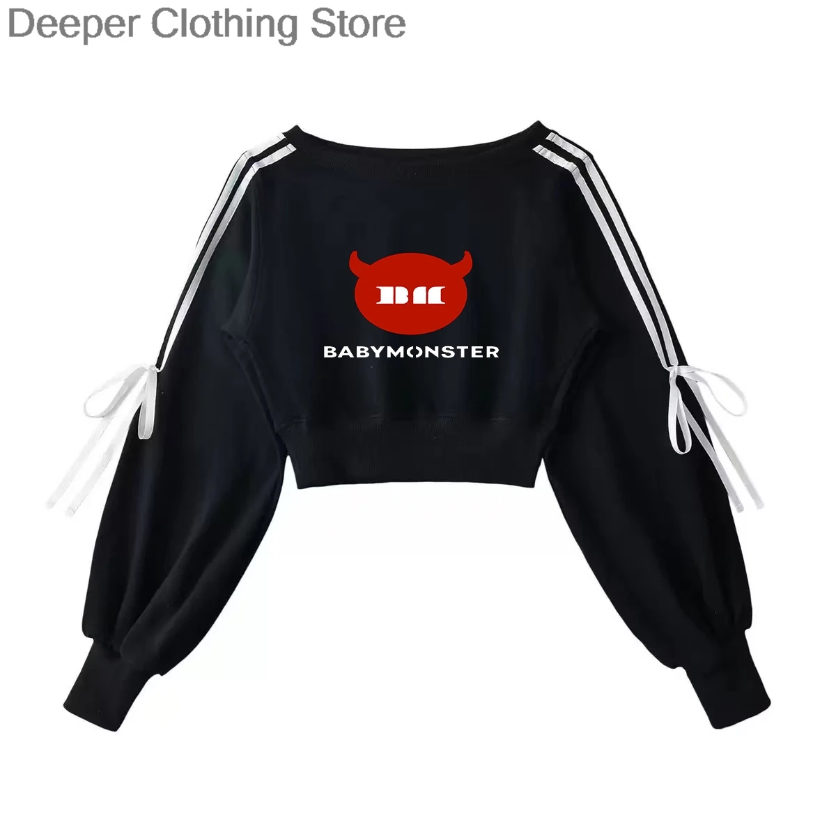 سترة Babymonster HELLO MONSTERS بغطاء للرأس مخططة أمريكية 100% قطن بكتف واحد سترة نسائية للحفلات الموسيقية بنفس النمط ملابس y2k