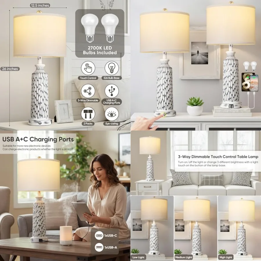 

26" Table Lamps Set of 2, Modern Bedside Lamps with USB A+C Ports, 3-Way Dimmable Touch Control and White Shade, Coastal Nights