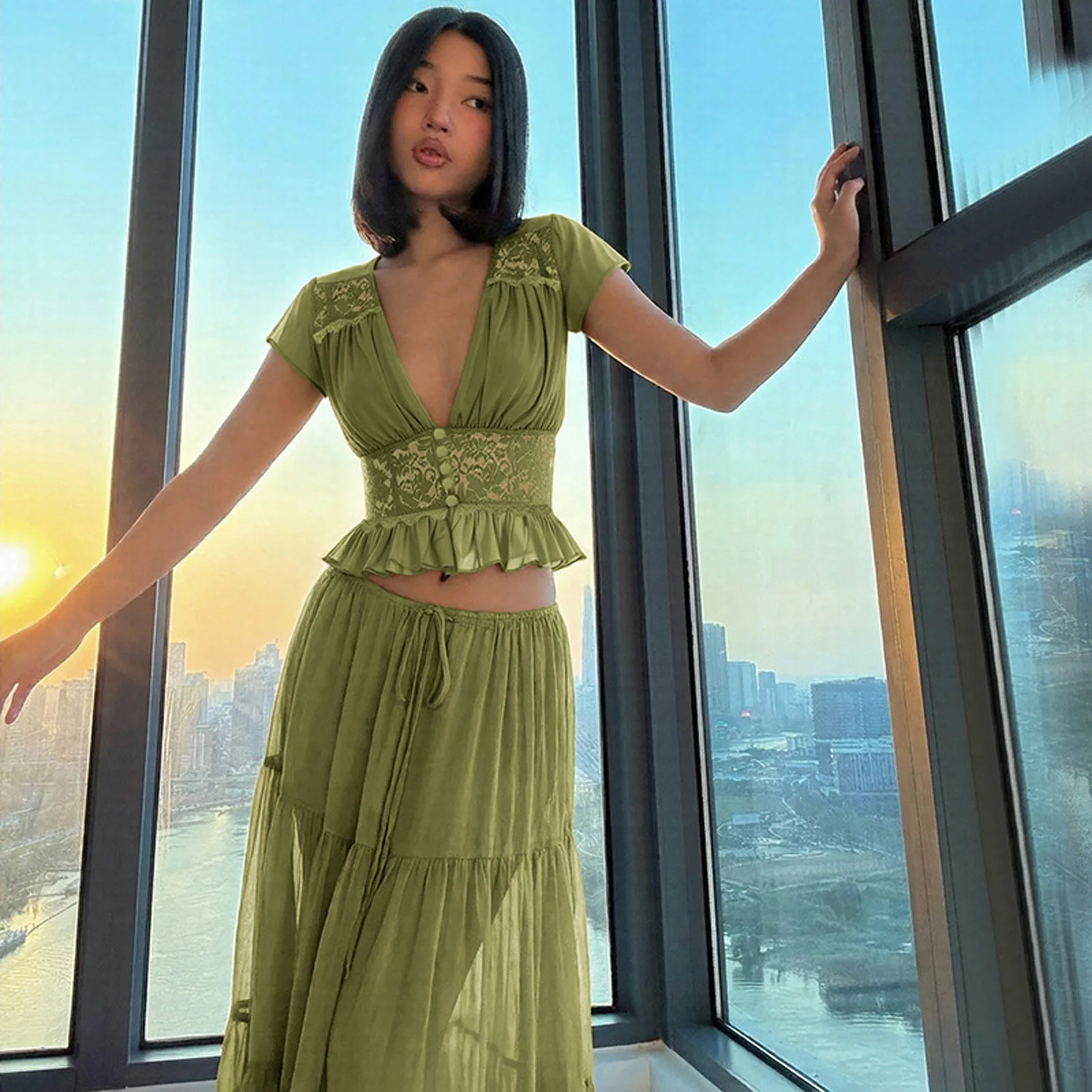 

GlamGaze Panel Skirt Sets Sexy V-neck Short Sleeve A-line Belted Waist Women Floral Print Lace Dress New Summer Daily Date Wears