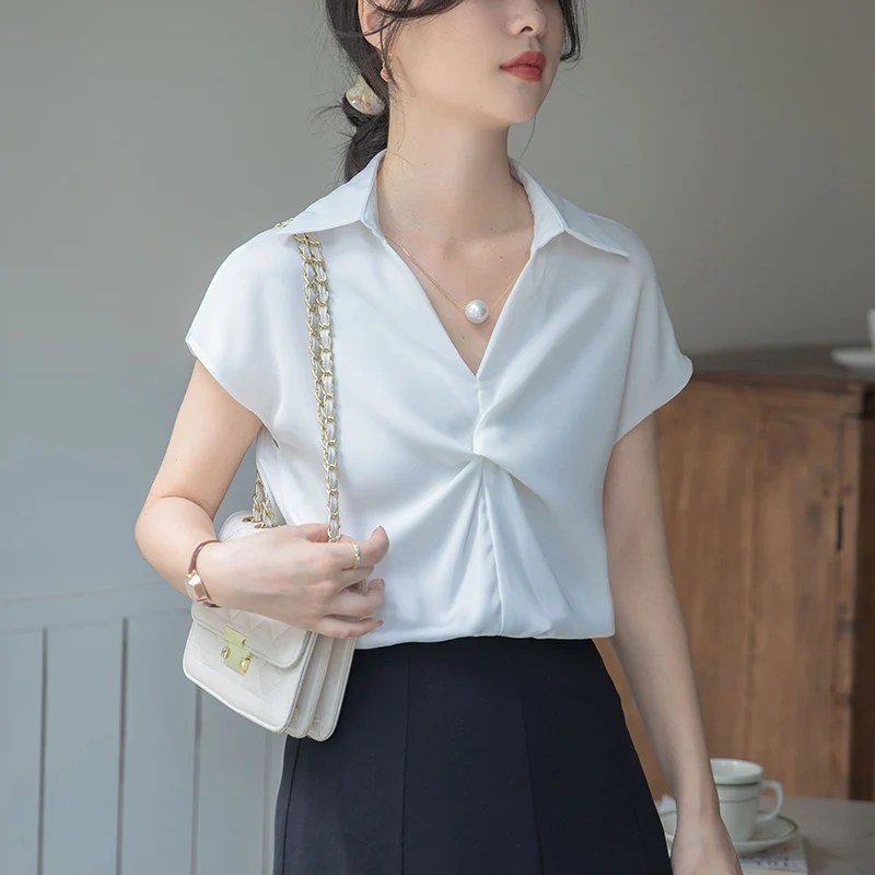 

Women's Chiffon Blouse 2025 Summer New V-neck Short-sleeved Solid Color Tops Fashion Design Niche Top Elegant Ladies Short Shirt