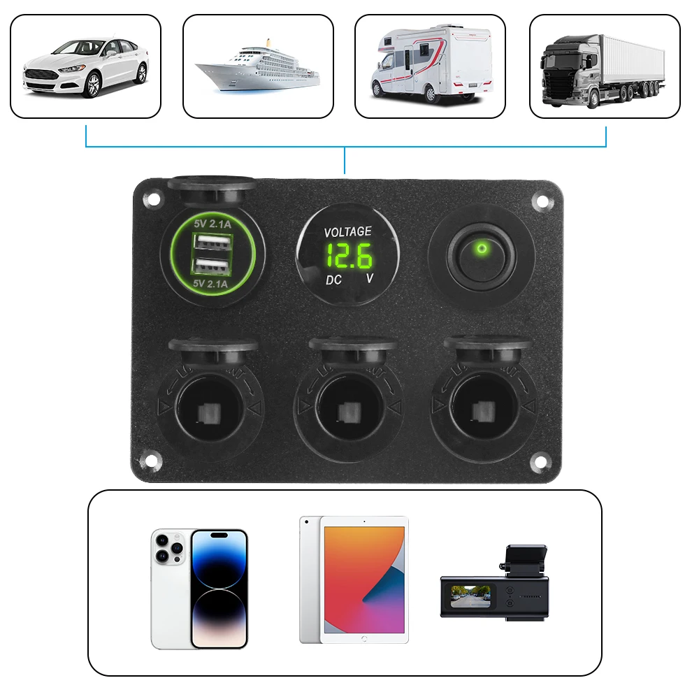 LED Voltmeter Toggle Switch 12V Dual USB Charger Cigarette Lighter Plug Socket Power Outlet Multi Panel 4.2A for Car Marine RV