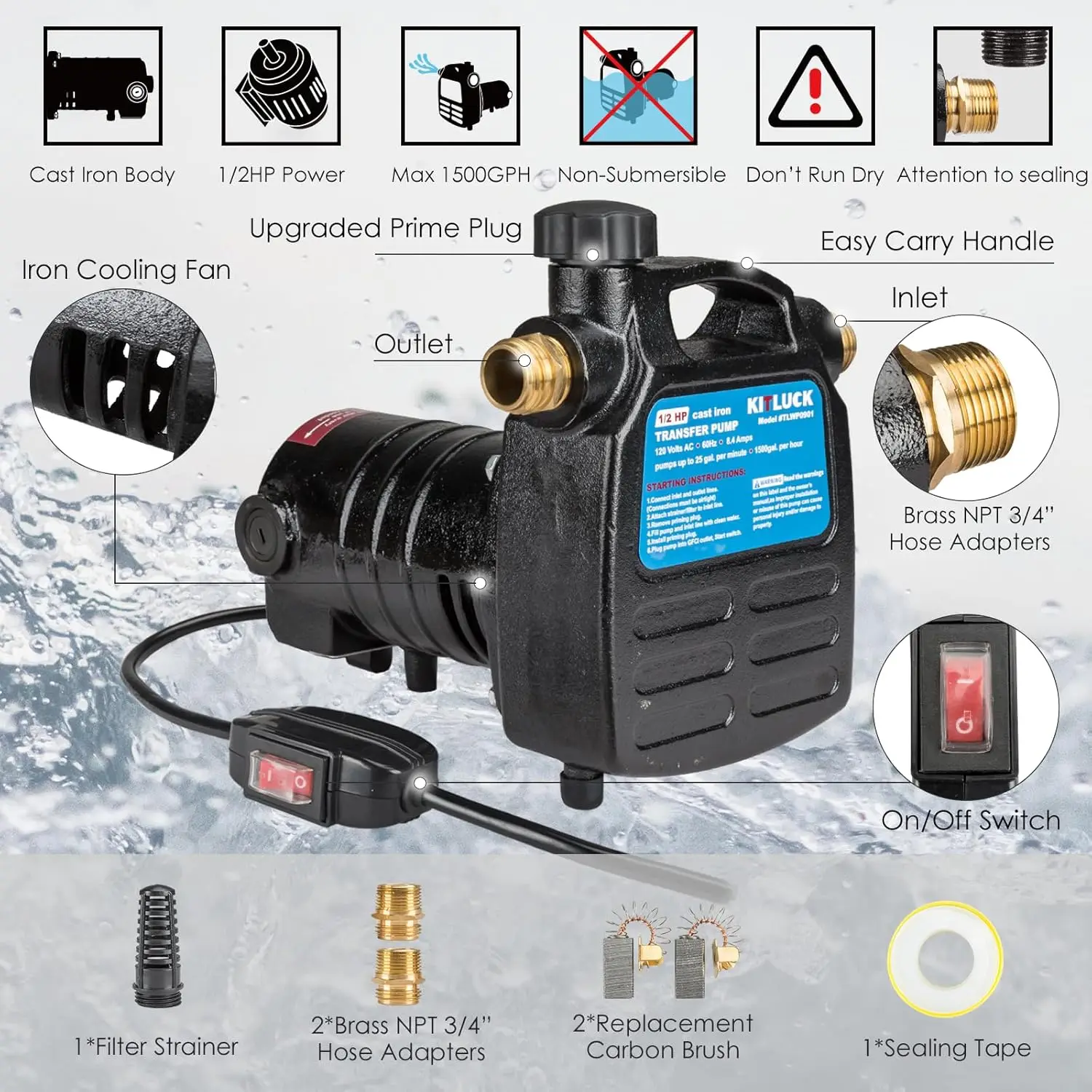 Portable Electric Water Pump 1/2 HP 1500GPH Cast Iron Utility Pump with ON/OFF Switch, Suction Strainer & Brass Connectors