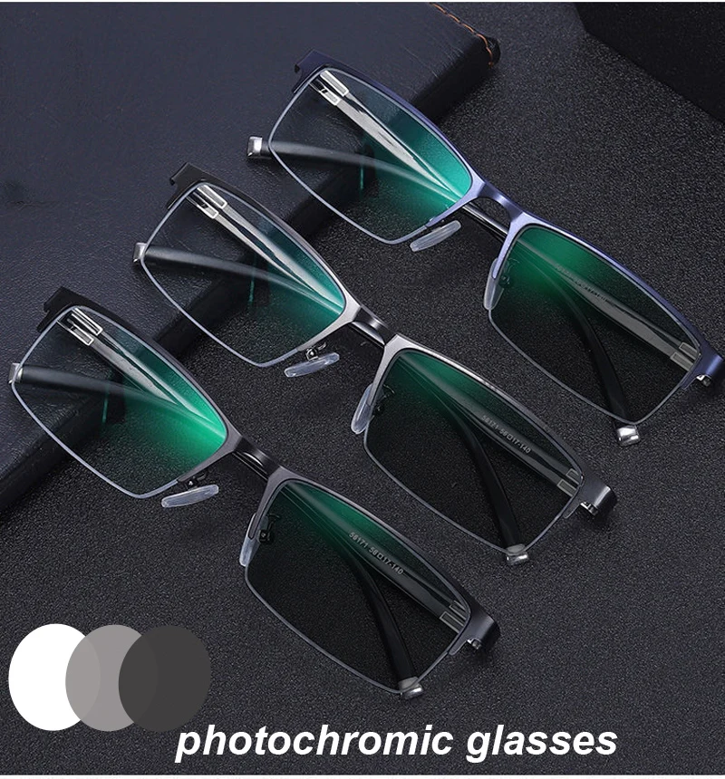 

Anti Blue Light Photochromic Glasses Luxury Business Half Frame Myopia Eyeglasses Finished Optical Short Sight Eyewear Diopter