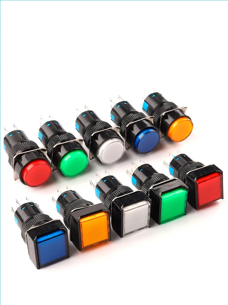 LA16 Push Button Switch With Lamp Self Reset Self-locking Square Rectangular Circular Starting Power Supply 12V 24V 16mm