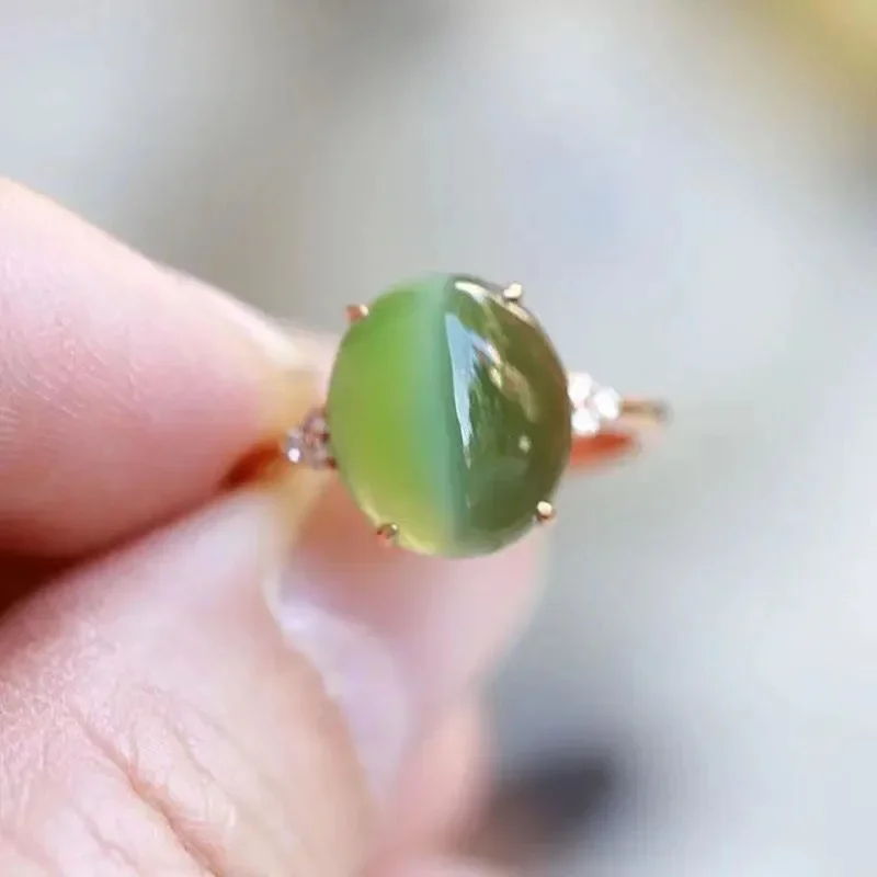 Luxury Rose Gold Color Noble Lady Ring Imitation Four Claw Inlay Green Transparent Cat's Eye Stone Versatile Opening Ring Gifts