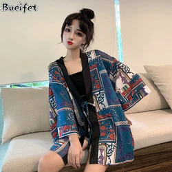 Japanese Samurai Cardigan Kimono Women Summer Beach Kimono Loose Streetwear Yukata Clothing Casual Sunscreen Yukata Haori Obi