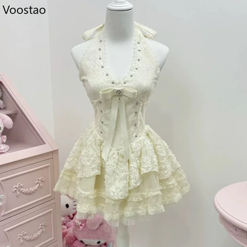 

Sweet Lolita Style Princess Dress Women Summer Sexy Bow Lace Ruffles Sleeveless Beach Dress Korean Female Chic Party Mini Dress