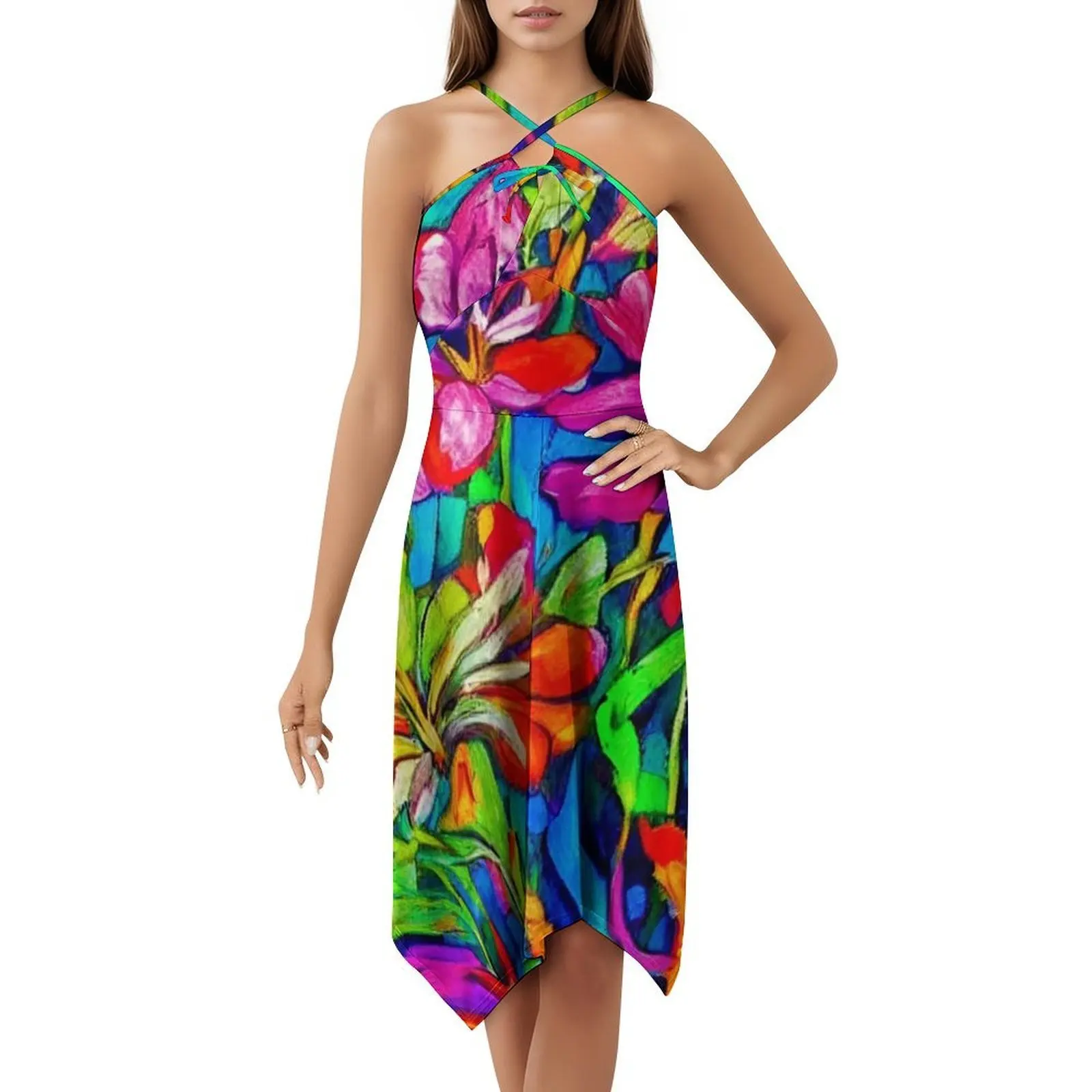 Gaun Leher Sweetheart Lukisan Cat Air Lily Gaun Pesta Musim Panas Elegan Untuk Wanita Motif Bunga Trendi Bunga Lily Modis