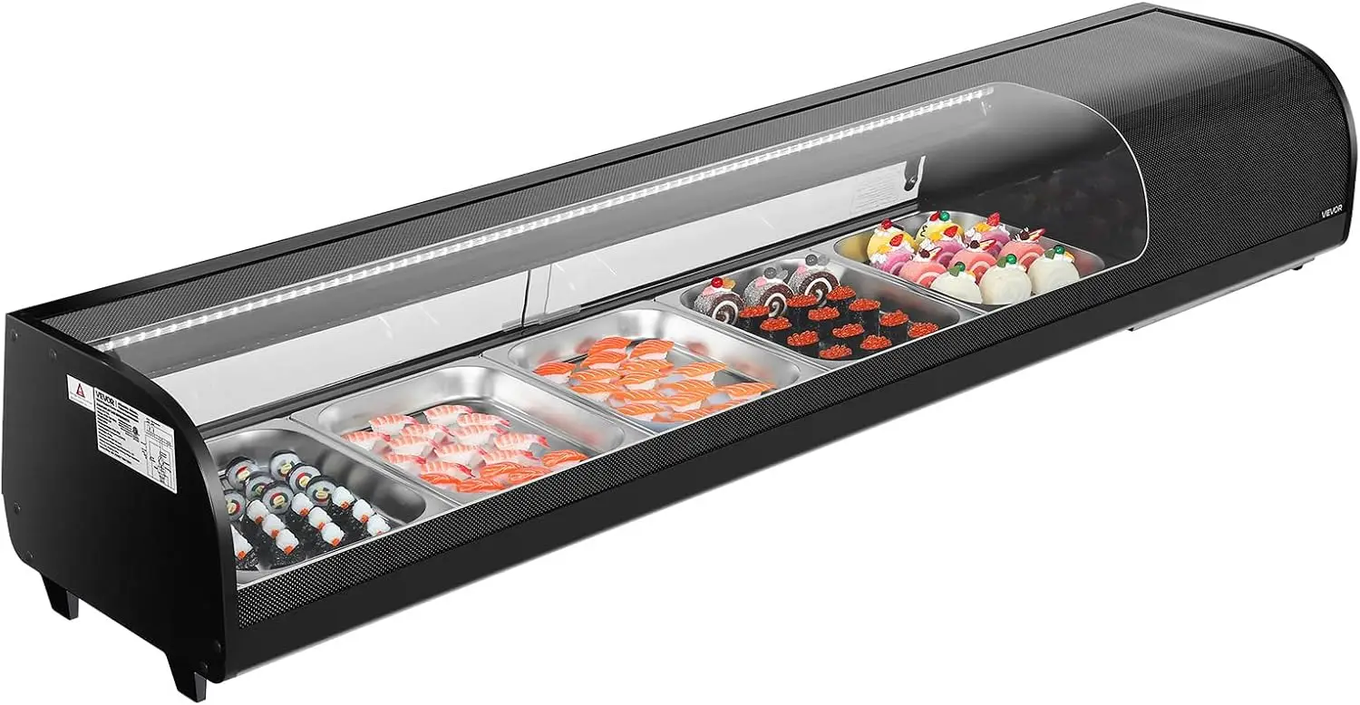 

Sushi Display Case Refrigerator, 2.9 Cu.ft Commercial Sushi Case, 5-Pan Countertop Showcase with Curved Glass, LED Lighting, and