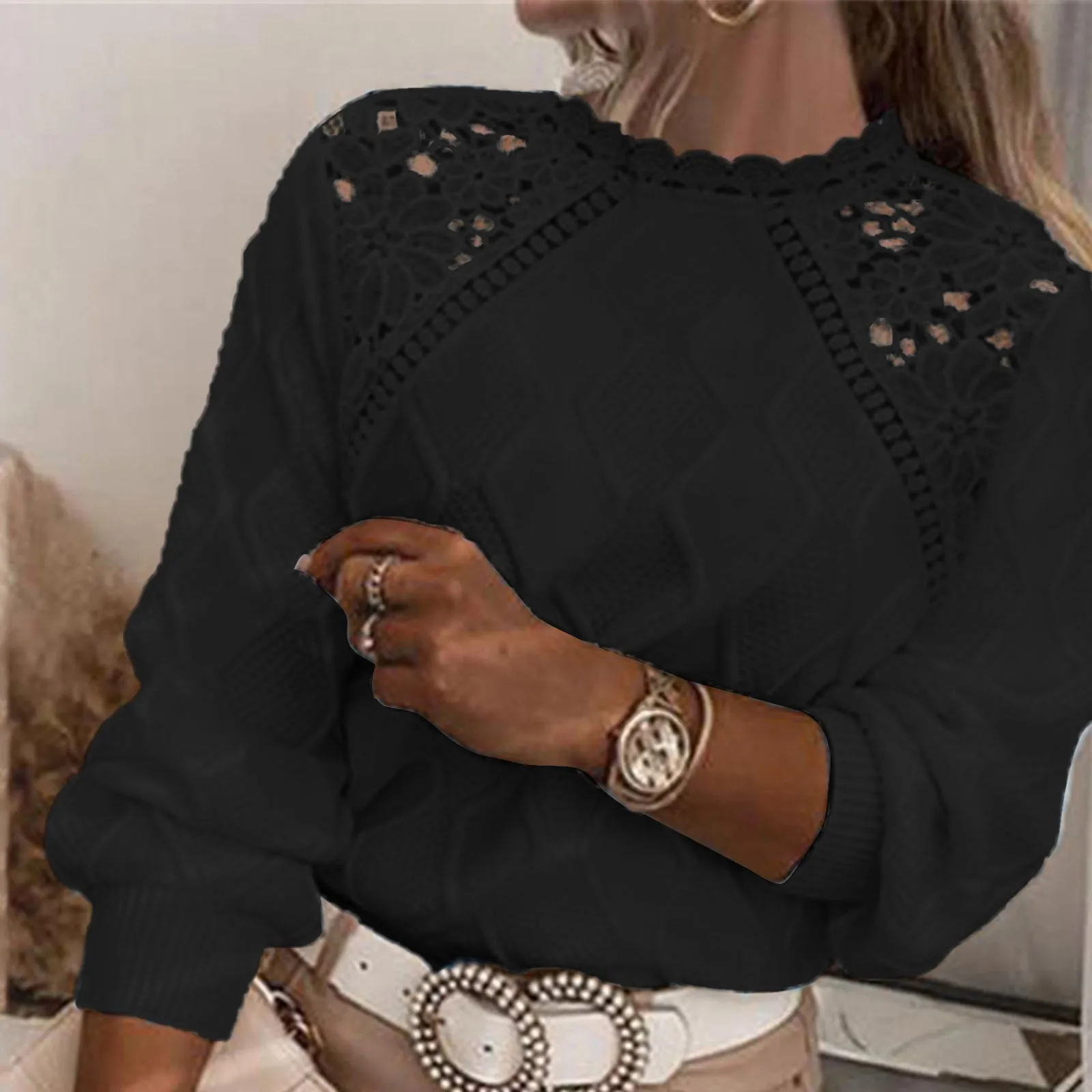 Elegant Lace Embroidered Hollow Knitting Sweater Women Casual Long Sleeve Solid Jumper Tops 2023 Fashion O-neck Loose Pullovers