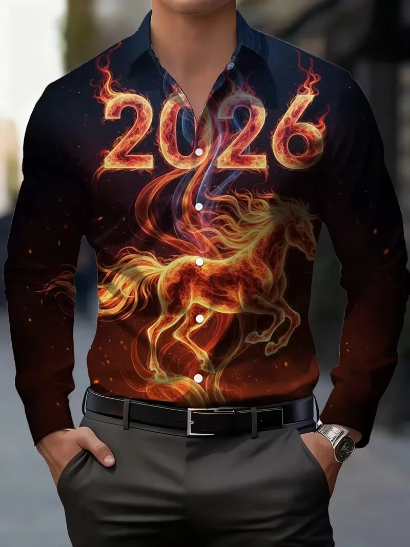 Fashionable men's long sleeved shirt 3D horse print lapel button shirt casual top men's clothing floral top