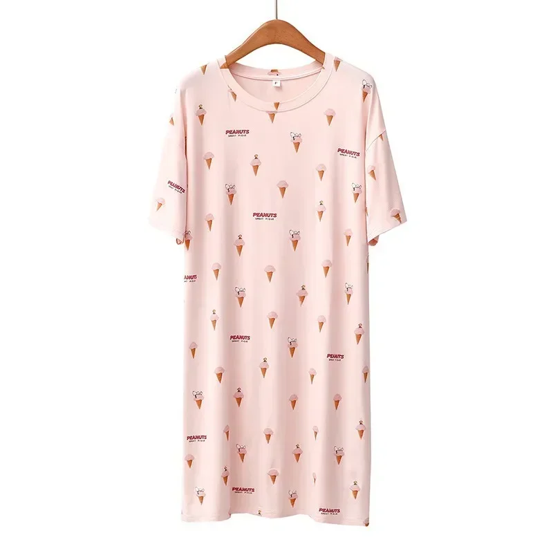 Chemise de nuit en modal mince pour dames, robe mi-longue, col rond, vêtements de maison décontractés, crème glacée de dessin animé, robe d'été à la mode, nouveau