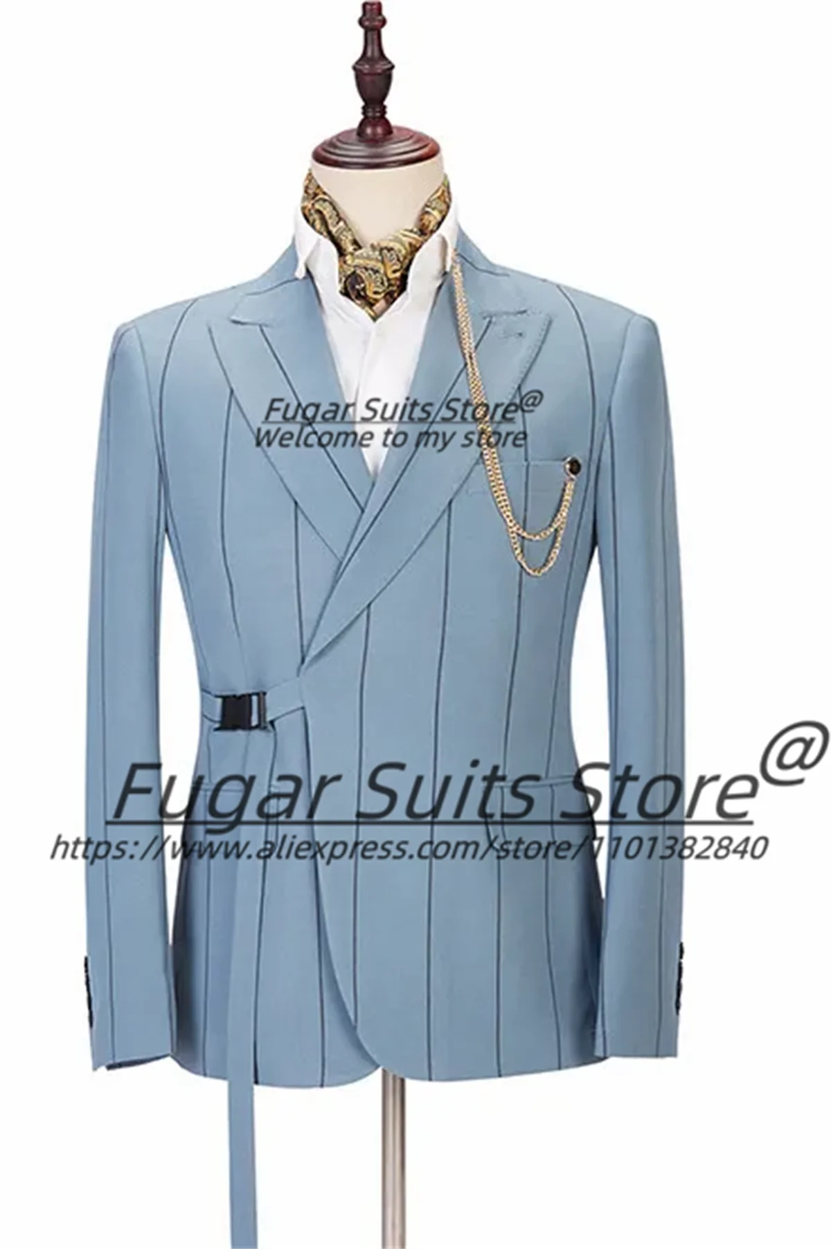 

Business Sky Blue Stripe Men Suits Customized Slim Fit Peak Lapel Groom Wedding Tuxeods 2Pcs Sets Male Party Blazers Ropa Hombre