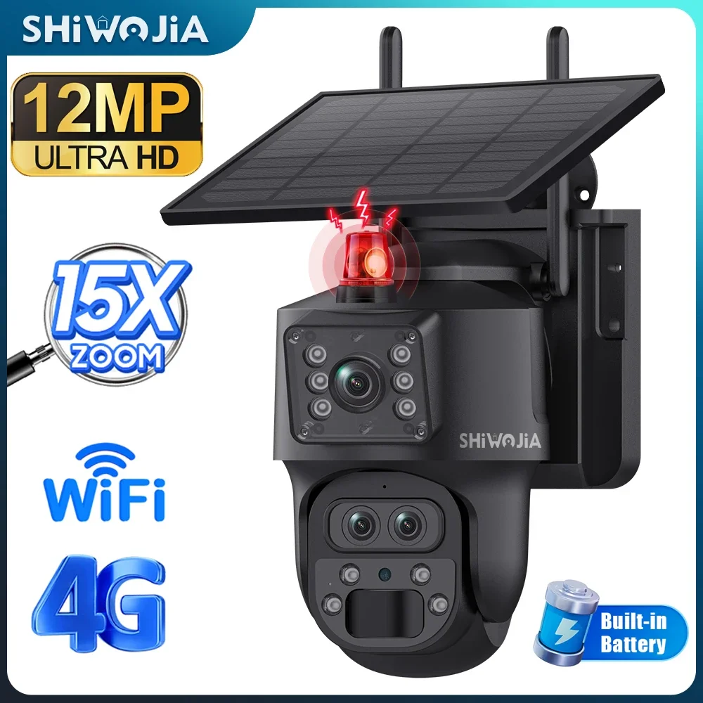 

SHIWOJIA Solar Camera 4G SIM/WIFI 6K 12MP 15X ZOOM three Lens Recording Dual Screen Human Auto Tracking Color Night Vision UBox