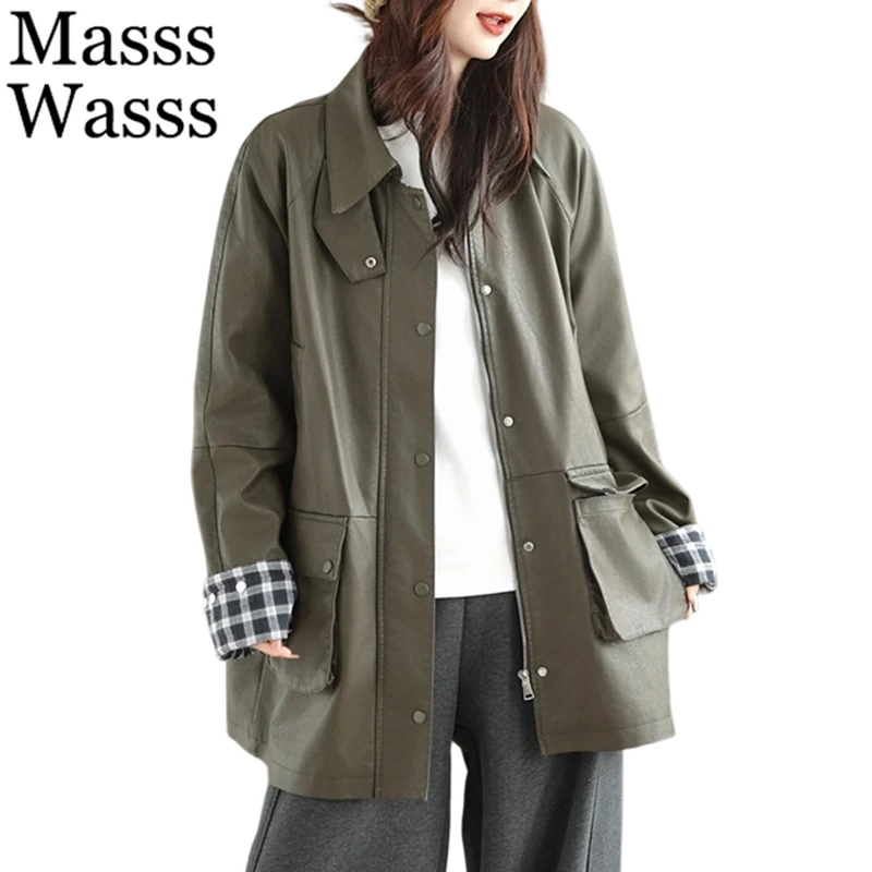 Masss Wasss Korean Design Fashion Pu Coats Womens Loose Casual Long Faux Leather Jackets Ladies Casual Classic Solid Outerwear