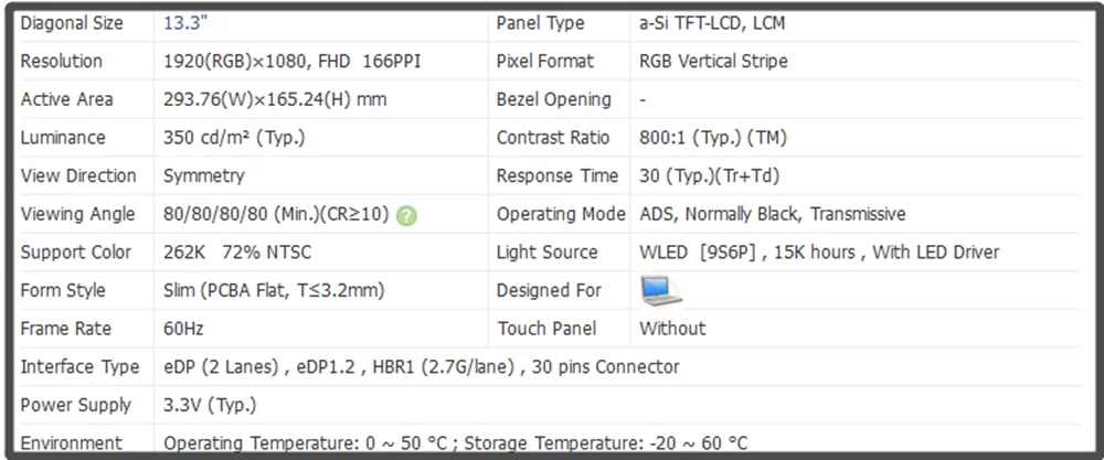 NV133FHM-N43 NV133FHM-N43 13.3 inch LCD Screen Display IPS Panel FHD 1920x1080 60Hz Non-touch EDP 30pins