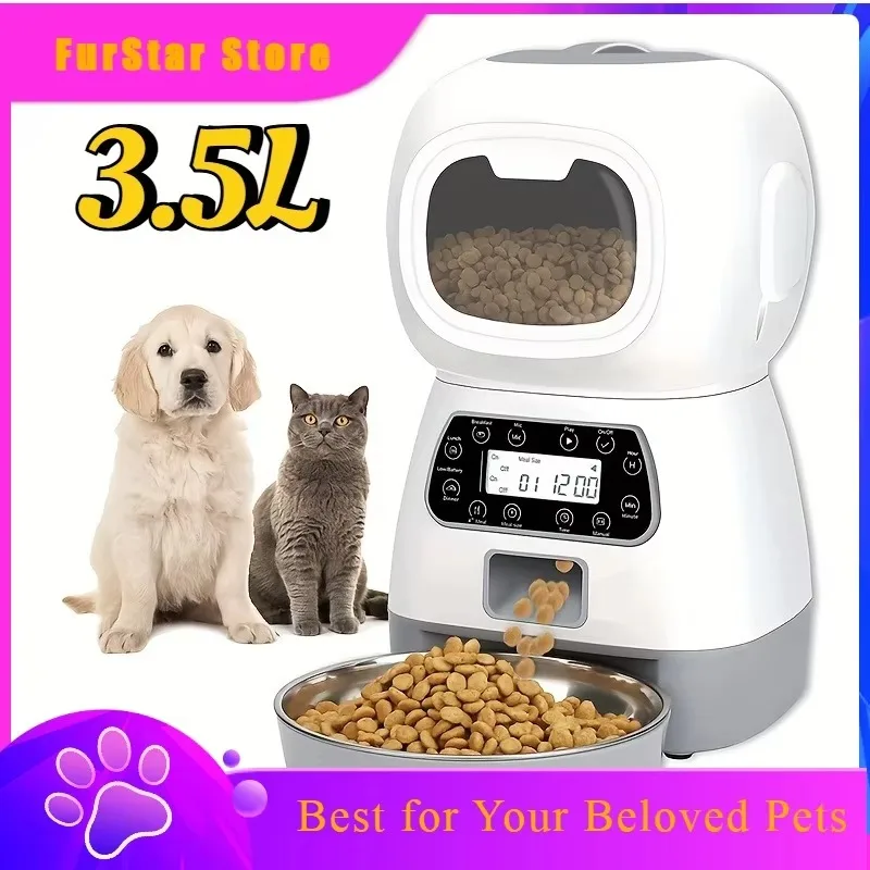 FurStar3.5L Automatic Pet Timer Feeder Cat Food Dispenser With Stainless Steel Bowl Dogs Cats Dry Food Dispenser With Voice Reco