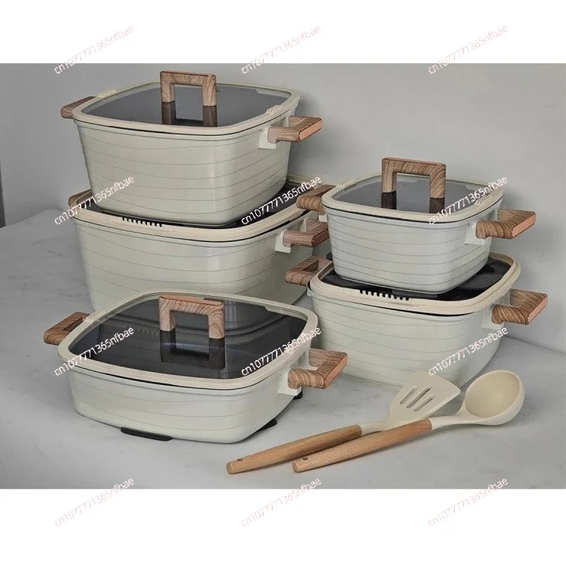 15 Piece Die Cast Aluminum Cookware Set, Non Stick Square Pots and Pans Induction Ready with Lids Utensils