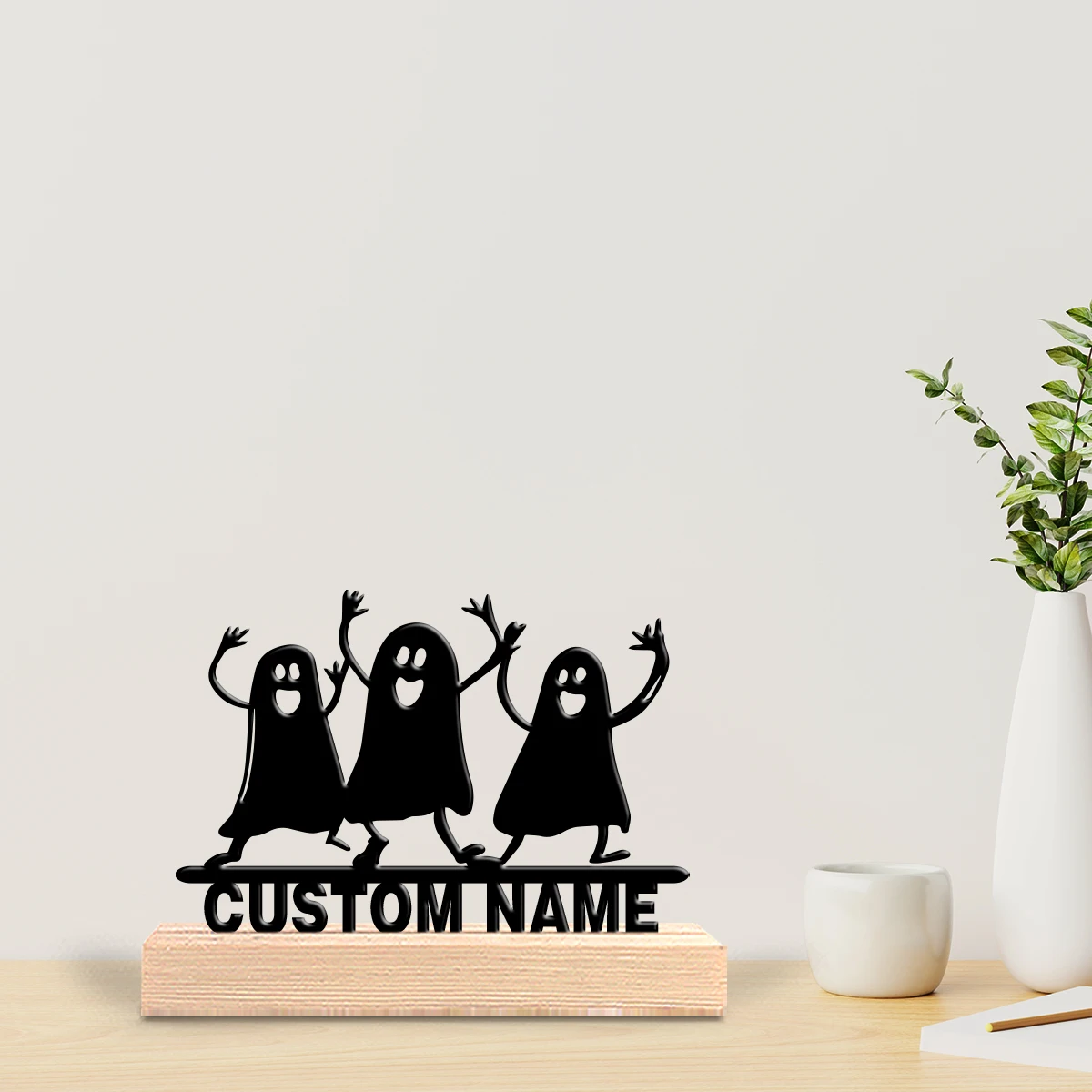 1pc Fashion ghost Custom Name Metal Statue Tin Ornament Tin Sculpture With Wood Base Art Figurine With Wood Base Bedroom Table